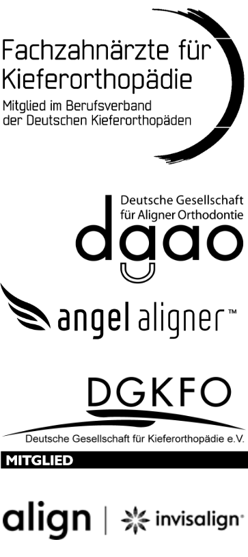 Logos der Partner und Fachgesellschaften von der Praxis Dr. Lissel: BDK, DGAO, Angel Aligner, DGKFO und Invisalign